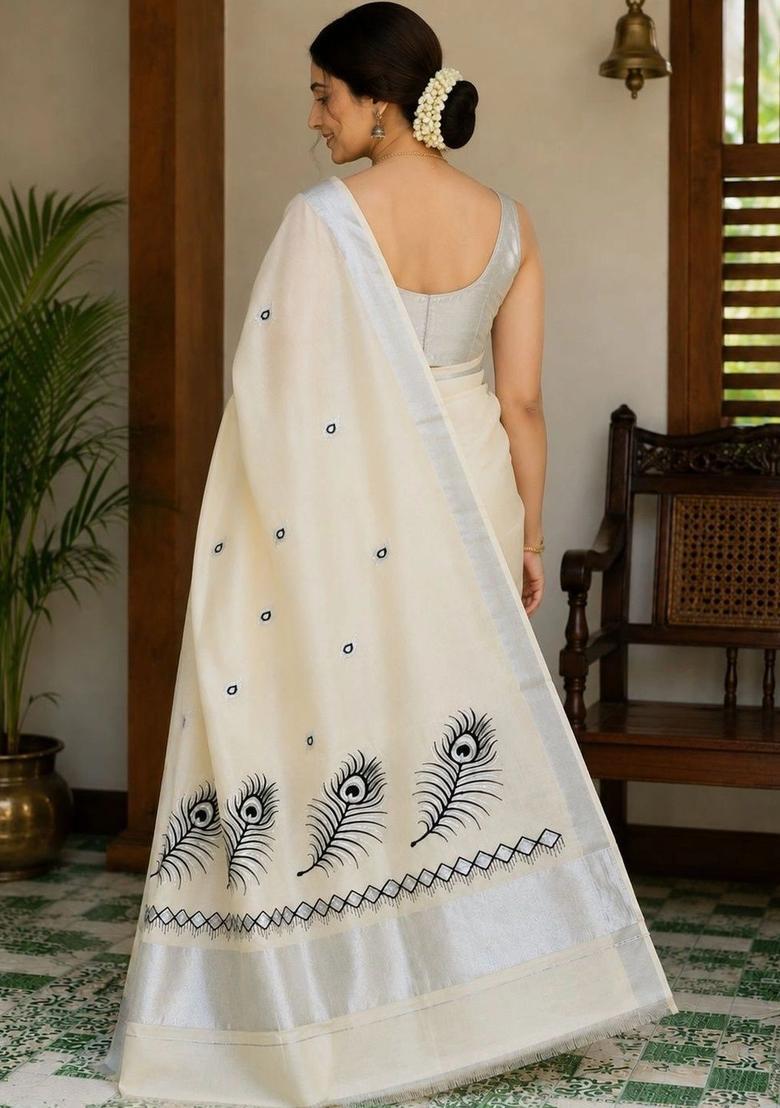 Off White Embroidered Cotton Saree Set - Indya