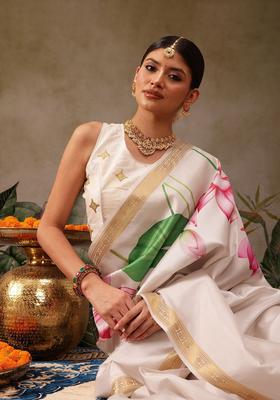 White Printed Silk Saree Set