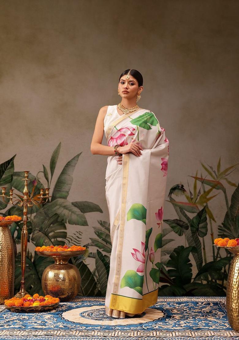 White Printed Silk Saree Set - Indya