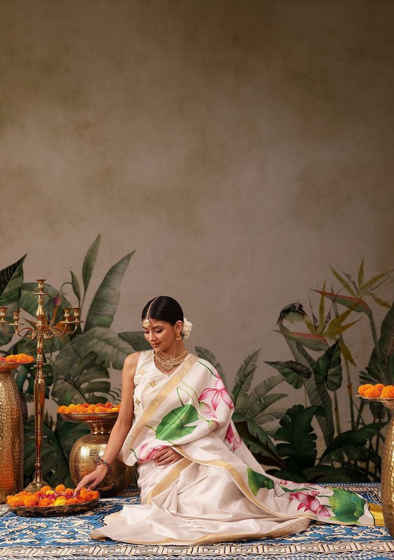 White Printed Silk Saree Set - Indya