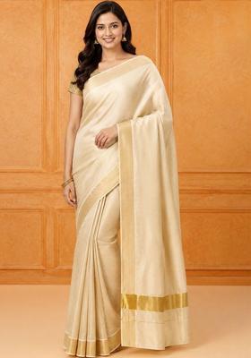 Cream Solid Cotton Saree Set
