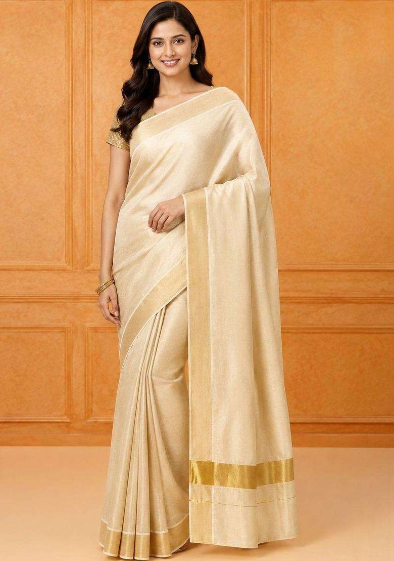 Cream Solid Cotton Saree Set for Diwali | Wedding & Festive Wear - Indya