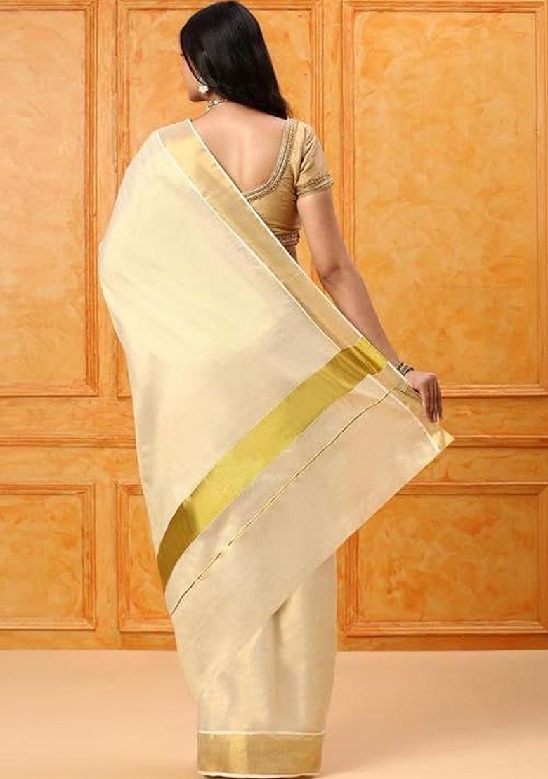Cream Solid Cotton Saree Set - Indya