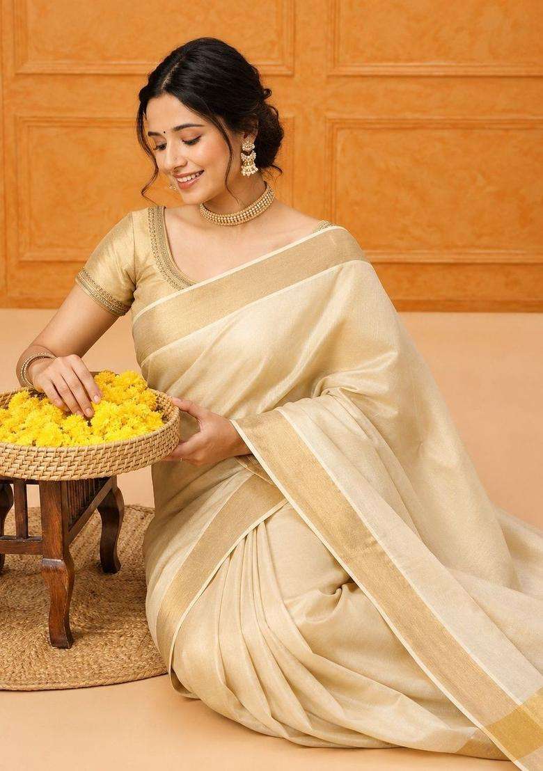 Cream Solid Cotton Saree Set for Diwali | Wedding & Festive Wear - Indya