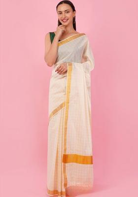 Off White Checked Cotton Saree Set