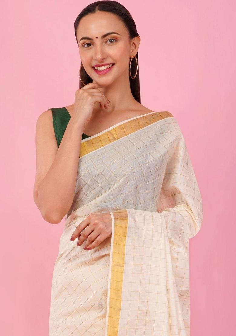 Off White Checked Cotton Saree Set - Indya
