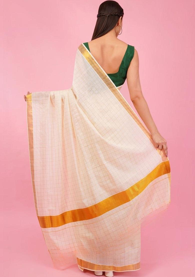 Off White Checked Cotton Saree Set - Indya