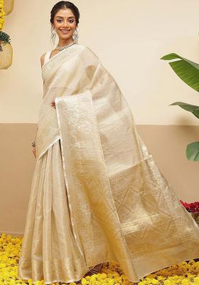 Off White Woven Design Tissue Saree Set