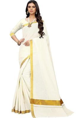 Off White Solid Cotton Saree Set