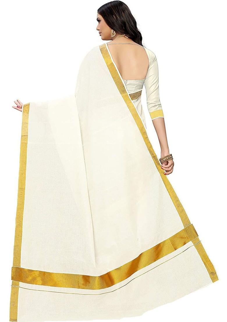 Off White Solid Cotton Saree Set - Indya