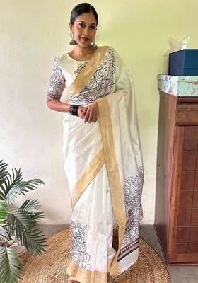 White Printed Linen Saree Set