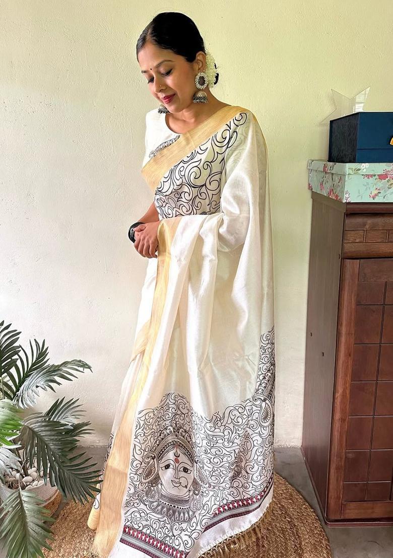 White Printed Linen Saree Set - Indya