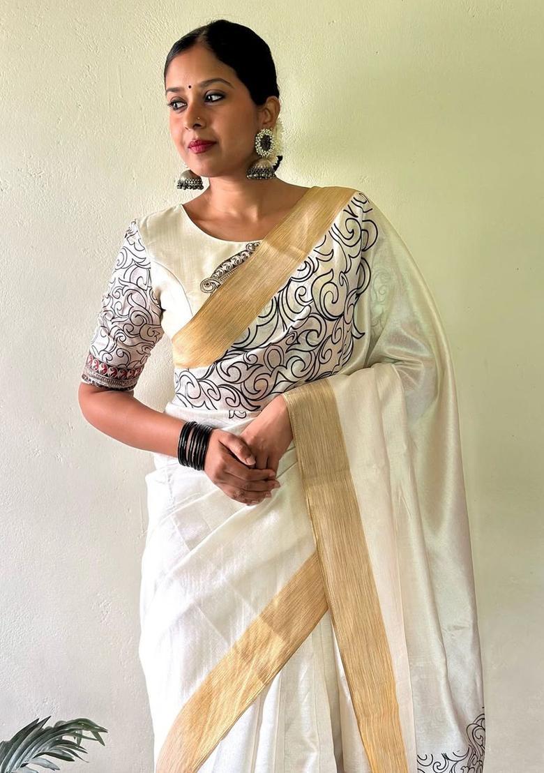 White Printed Linen Saree Set - Indya