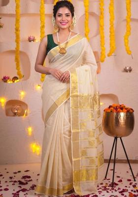 Off White Woven Design Tissue Saree Set