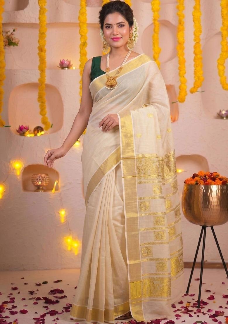 Off White Woven Design Tissue Saree Set - Indya