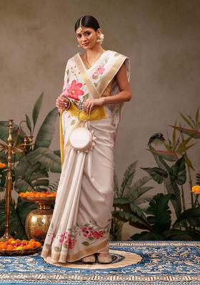 Off White Printed Silk Saree Set