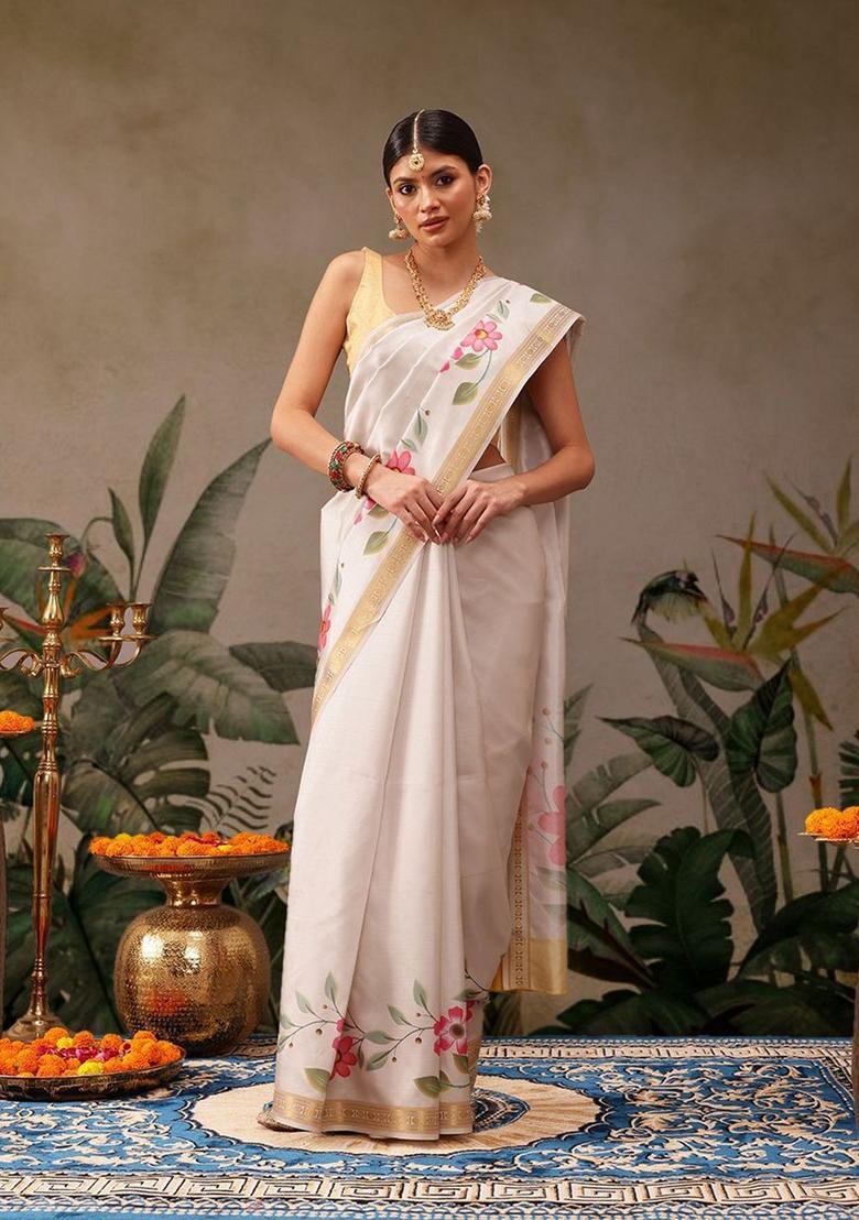 Off White Printed Silk Saree Set - Indya