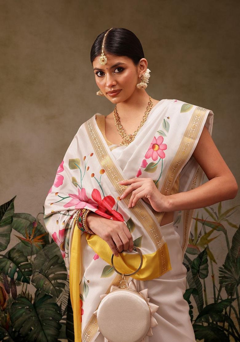 Off White Printed Silk Saree Set - Indya