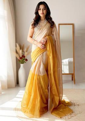 Beige Solid Tissue Saree Set