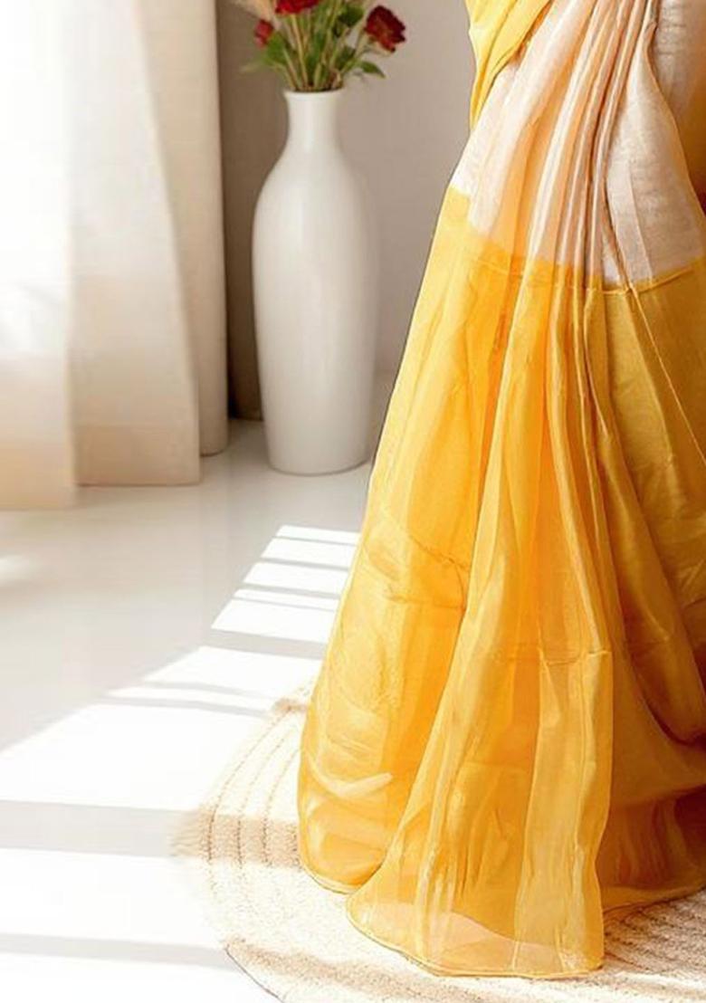 Beige Solid Tissue Saree Set - Indya