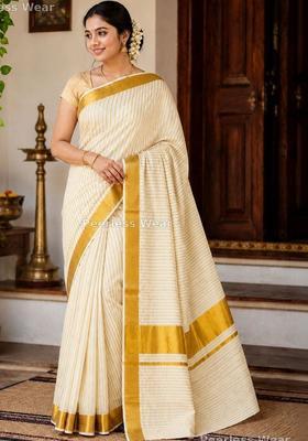Off White Striped Cotton Saree Set