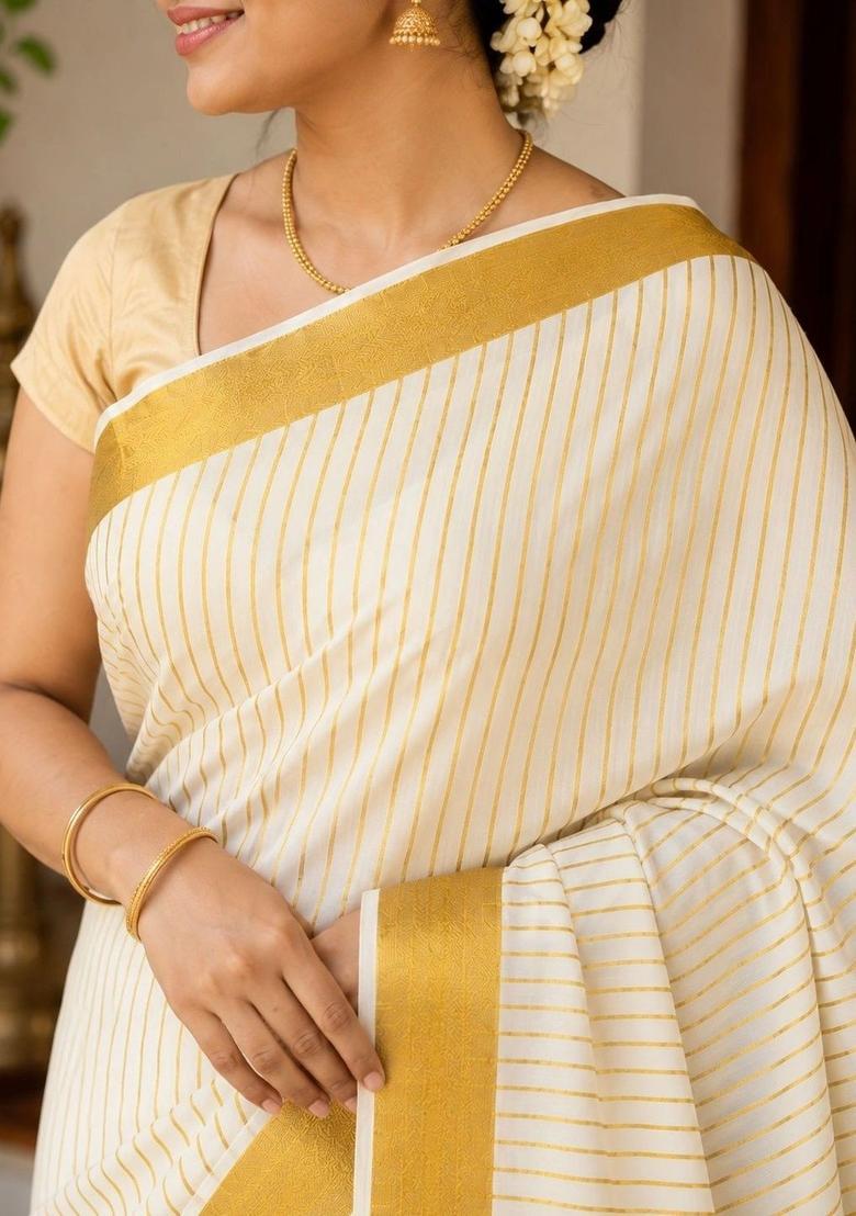 Off White Striped Cotton Saree Set - Indya