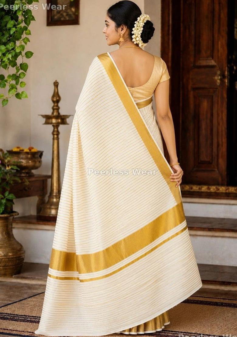 Off White Striped Cotton Saree Set - Indya