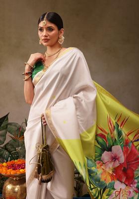White Printed Silk Saree Set