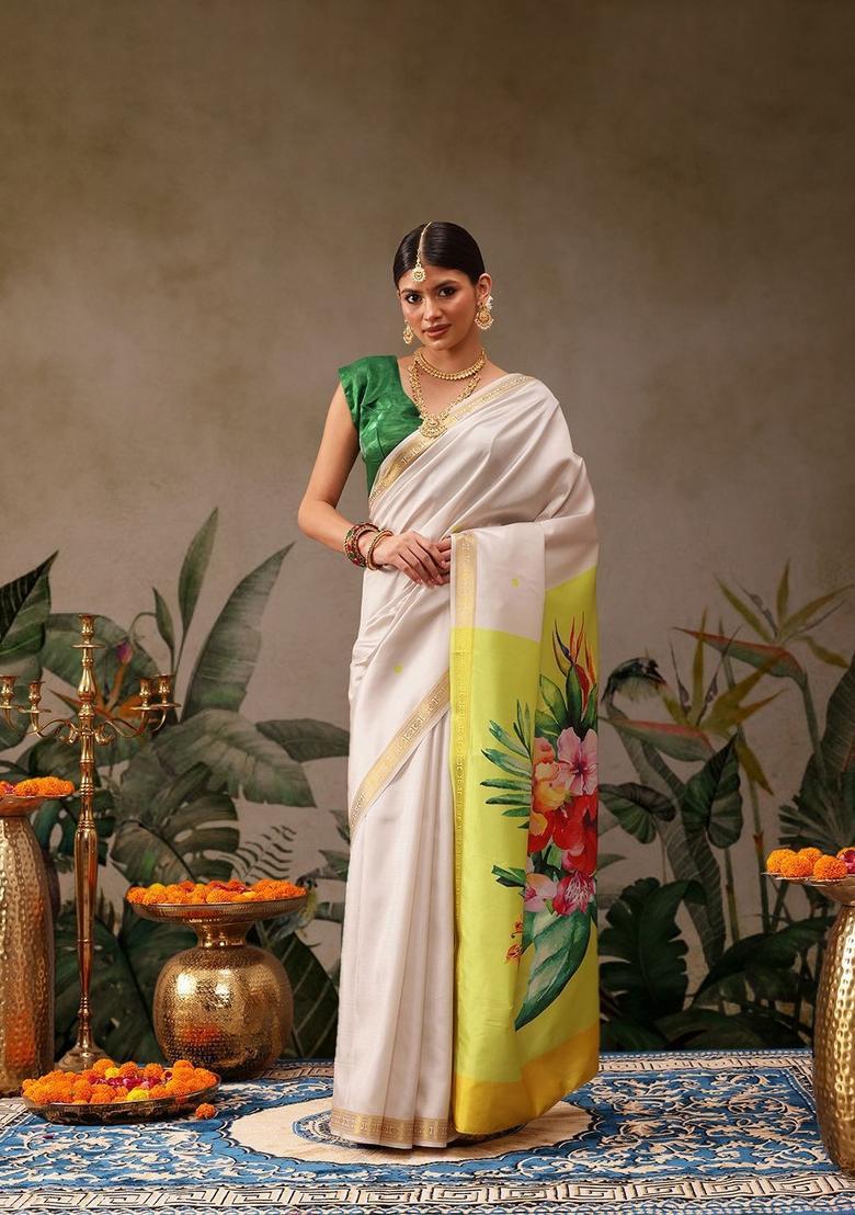 White Printed Silk Saree Set - Indya