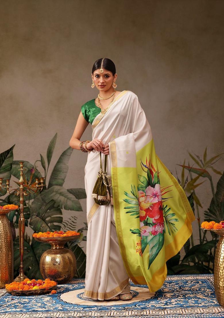 White Printed Silk Saree Set - Indya