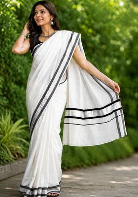 Off White Striped Cotton Saree Set