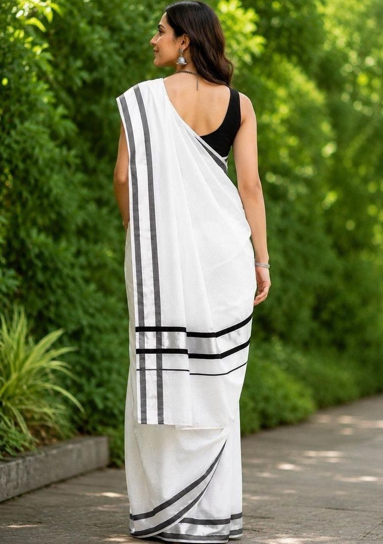 Off White Striped Cotton Saree Set - Indya