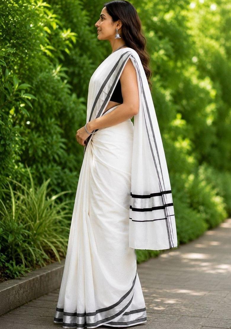 Off White Striped Cotton Saree Set - Indya