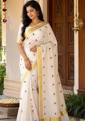 Off White Embroidered Cotton Saree Set