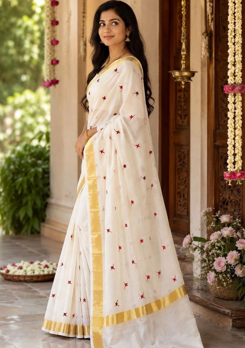 Off White Embroidered Cotton Saree Set - Indya