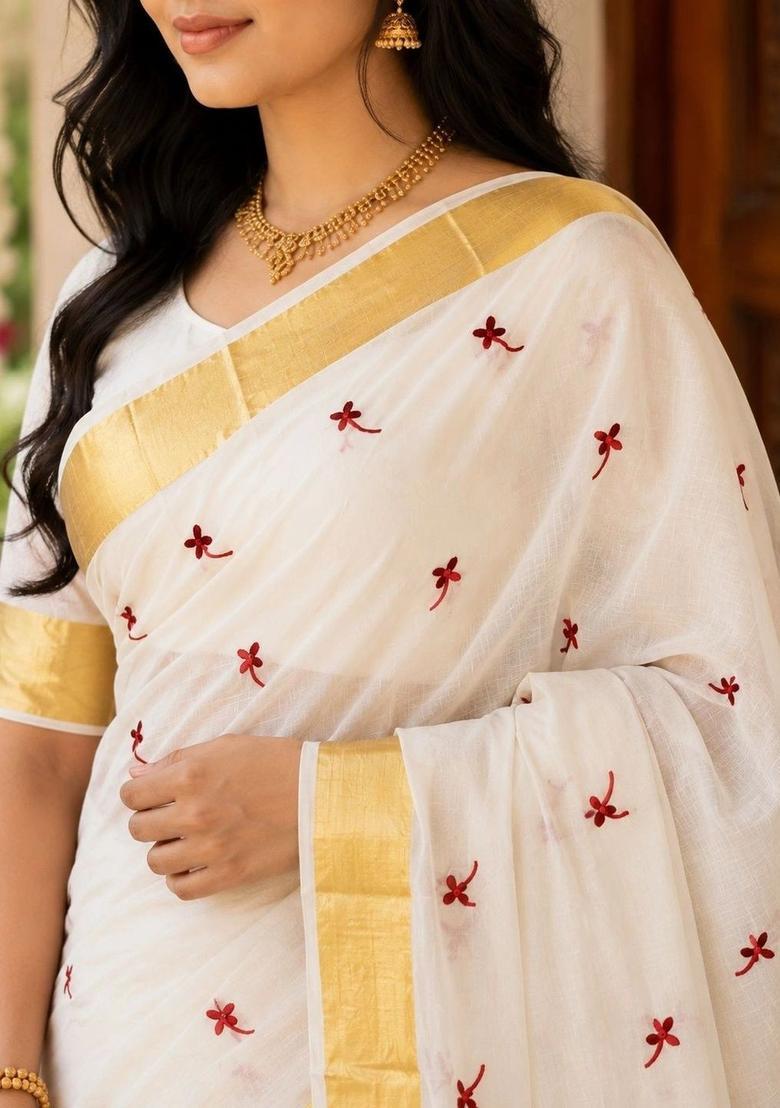 Off White Embroidered Cotton Saree Set - Indya