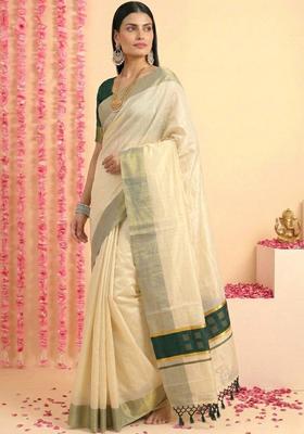 Cream Woven Design Tissue Saree Set