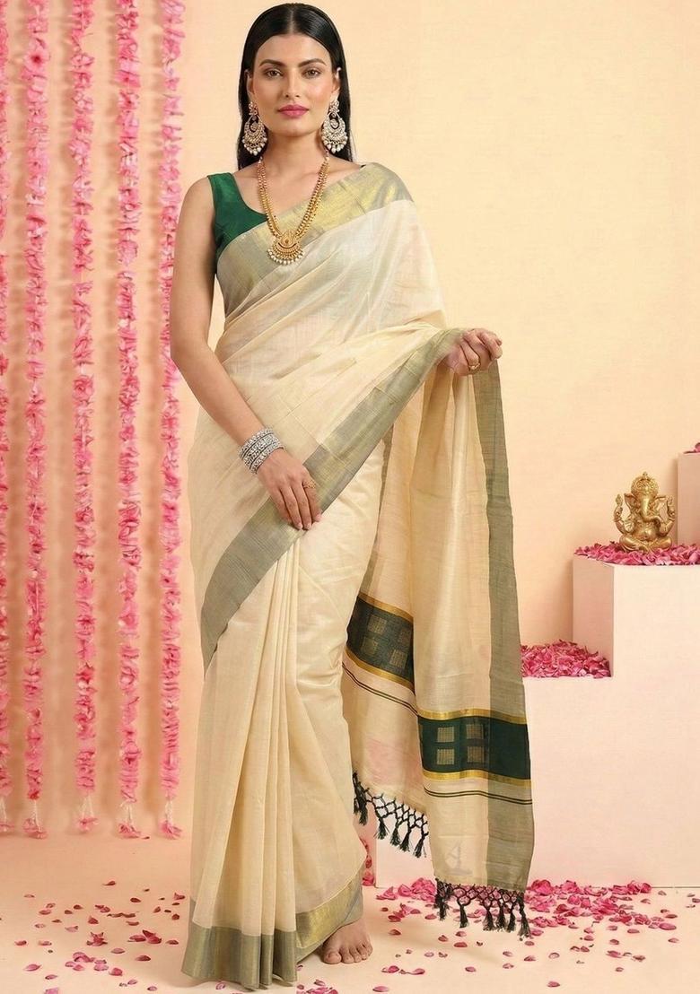 Cream Woven Design Tissue Saree Set - Indya