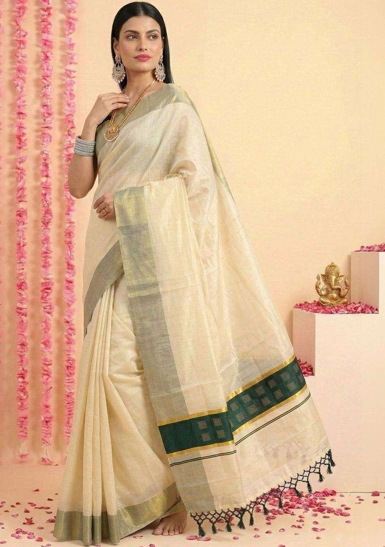 Cream Woven Design Tissue Saree Set for Diwali | Wedding & Festive Wear - Indya