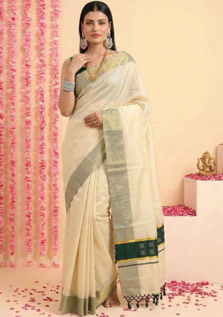 Cream Woven Design Tissue Saree Set - Indya