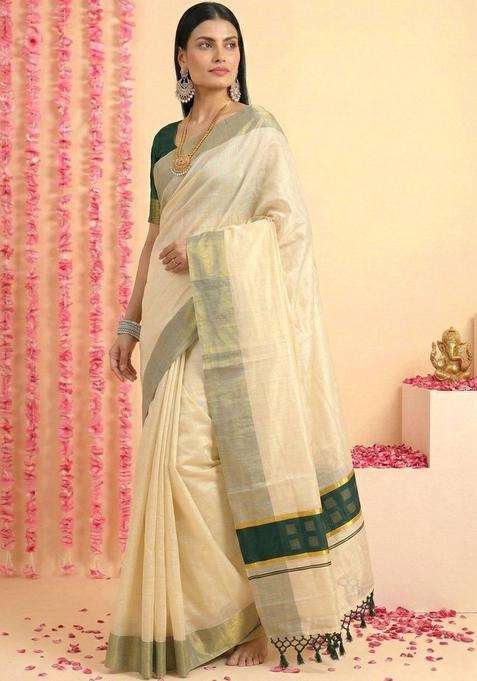 Cream Woven Design Tissue Saree Set for Diwali | Wedding & Festive Wear