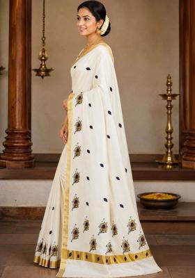 Off White Printed Cotton Saree Set