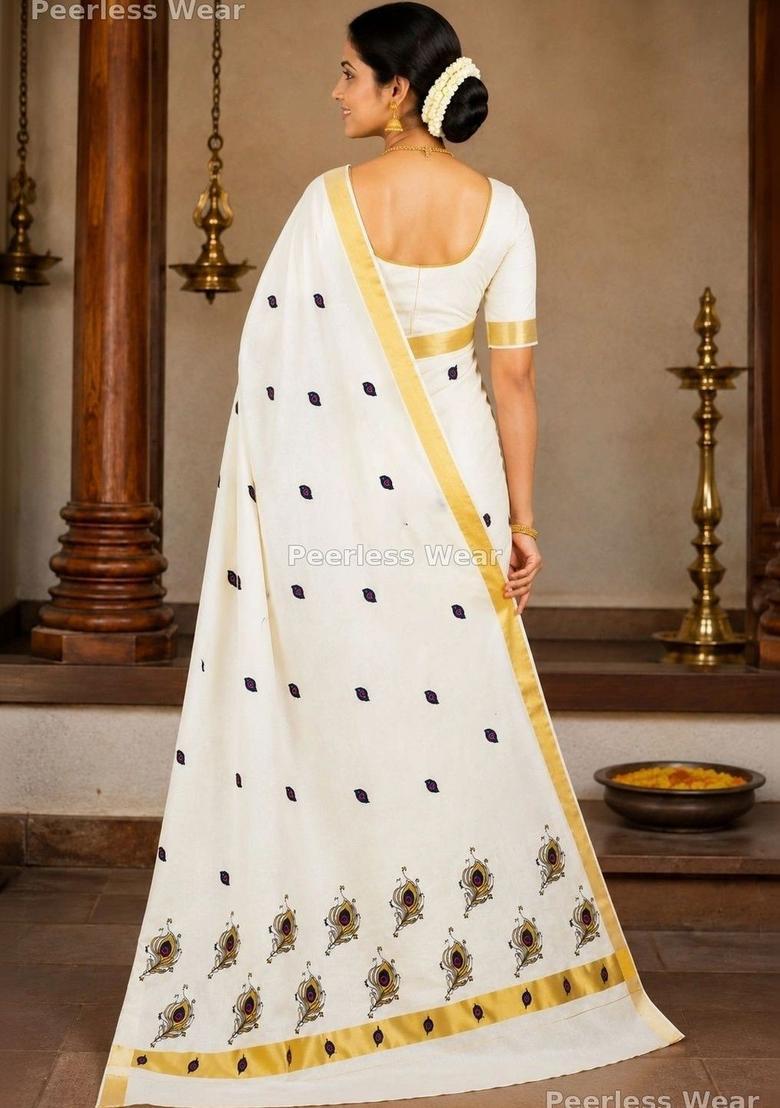 Off White Printed Cotton Saree Set - Indya