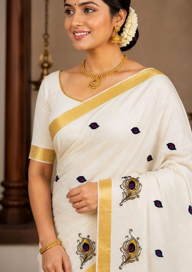 Off White Printed Cotton Saree Set - Indya
