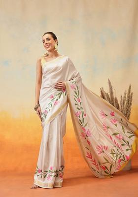 Off White Printed Silk Saree Set