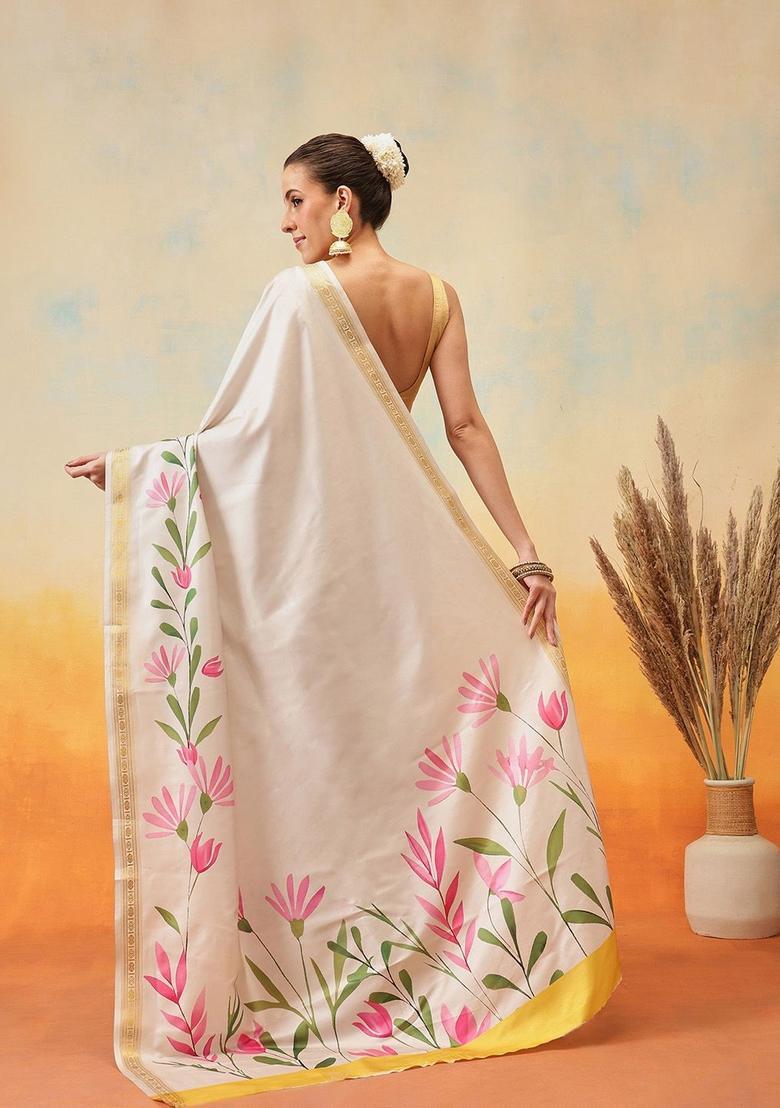 Off White Printed Silk Saree Set - Indya