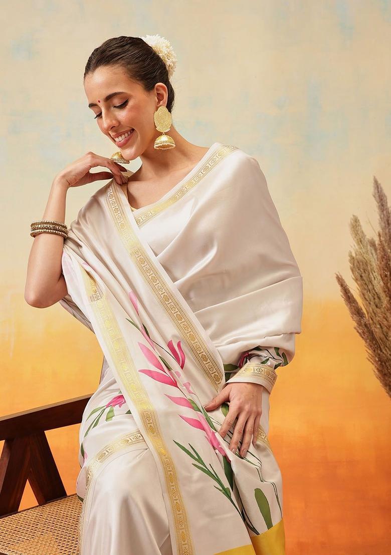 Off White Printed Silk Saree Set - Indya