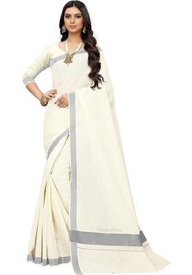 Off White Solid Cotton Saree Set