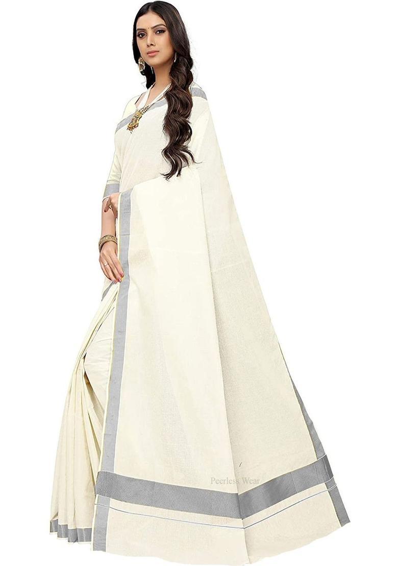 Off White Solid Cotton Saree Set - Indya