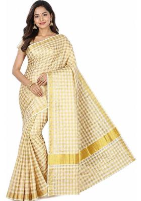 Cream Checked Cotton Saree Set